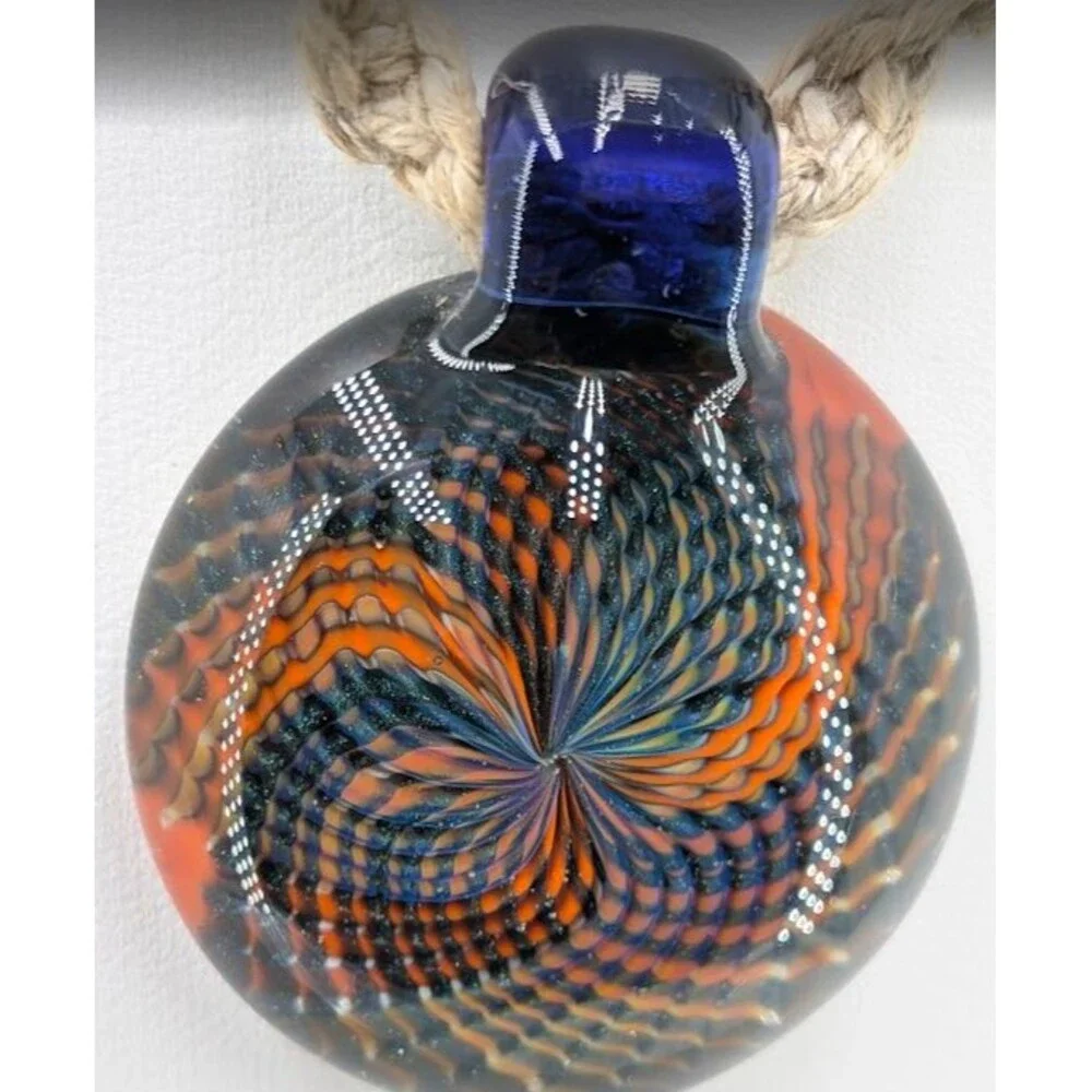 Art Glass Vortex Implosion Pendant Necklace Orange Blue Hemp Cord 21 Inch 34mm - Picture 5 of 12